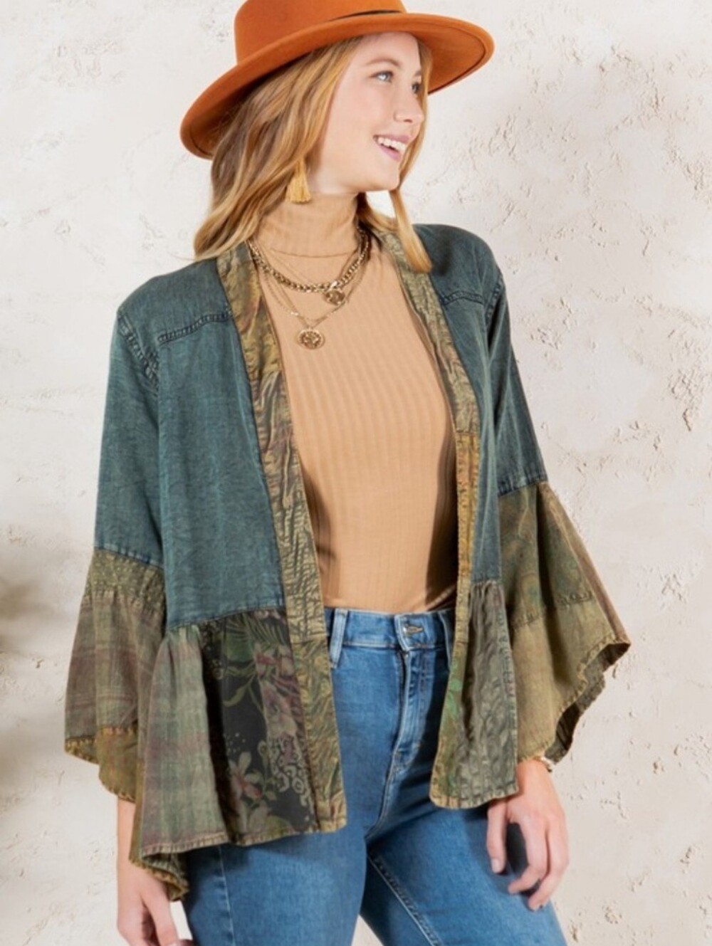 Young Threads “The Liv” Denim Boho Patchwork Olive/Multicolored Kimono Jacket S
